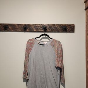 LuLaRoe Gray Top with Multicolor Floral Sleeves